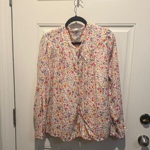 Time and Tru Floral Button-Up Blouse in White with Pink, Orange & Purple Flowers